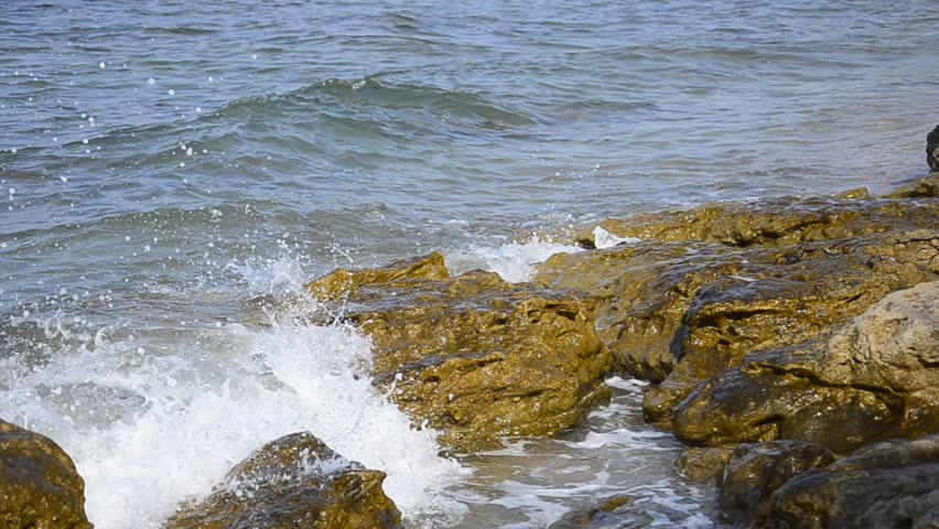 waves on sandy beach splash on the rocks