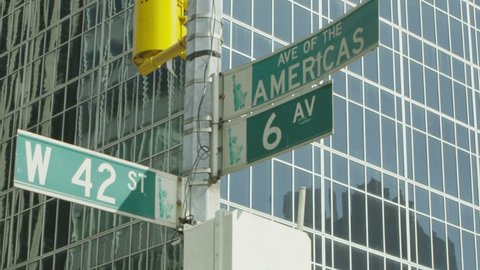 New York City signpost at the intersection of 6th Avenue and West 42nd Street. Location: New York City, United States
