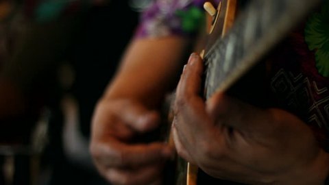 Multiple close up shots of a man in a hawaiian shirt playing a guitar.
