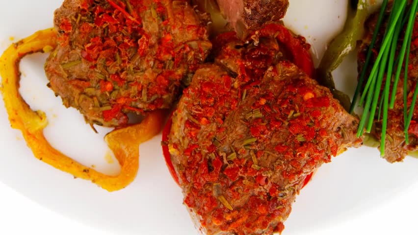 meat with chives and tomatoes plate 1920x1080 intro motion slow hidef hd