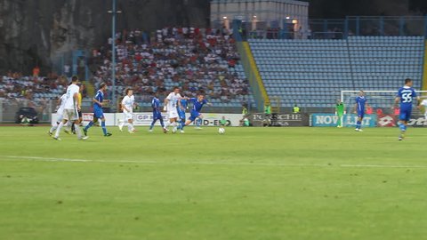 RIJEKA, CROATIA JULY 28:
soccer derby match NK Rijeka (white) vs. NK Dinamo (blue) on July 28, 2013 in Rijeka.

