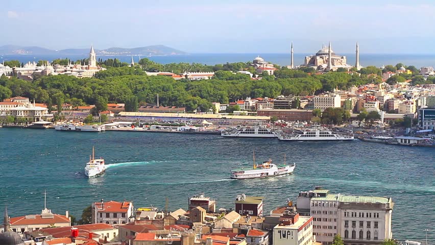 Goldenhorn with Topkapi Palace and Hagia Sophia. Islands in the distance.
