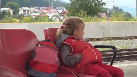 Child, Tourist Girl Waiting Train on Platform in Railway Station to Travel