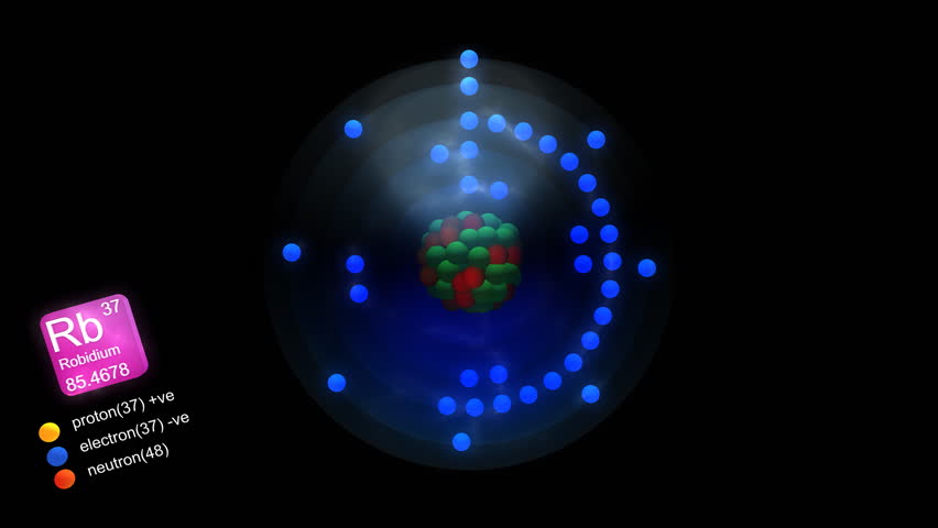 Robidium atom, with element's symbol, number, mass and element type color.