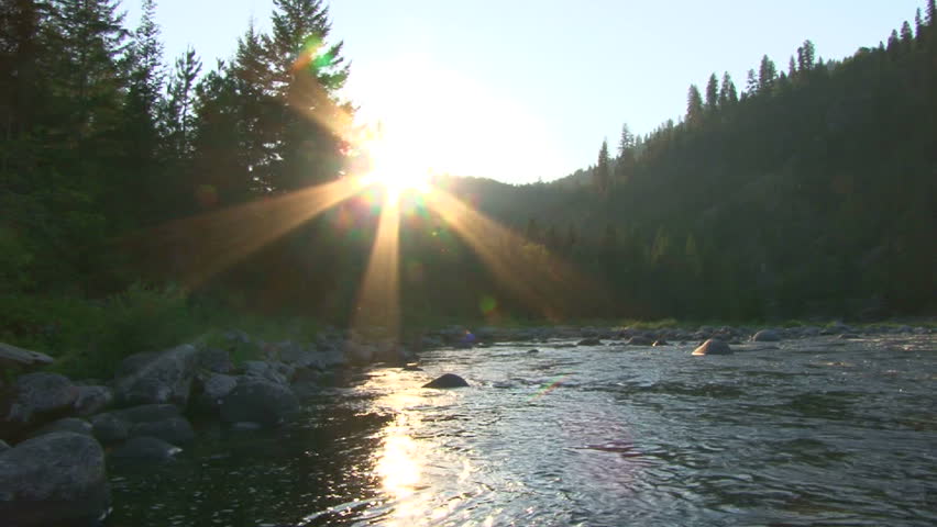 Panning shot of sun setting behind tree line in Idaho wilderness at river.