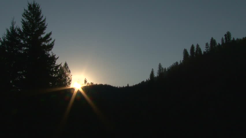 Time lapse of sun rising behind tree line in Idaho wilderness.