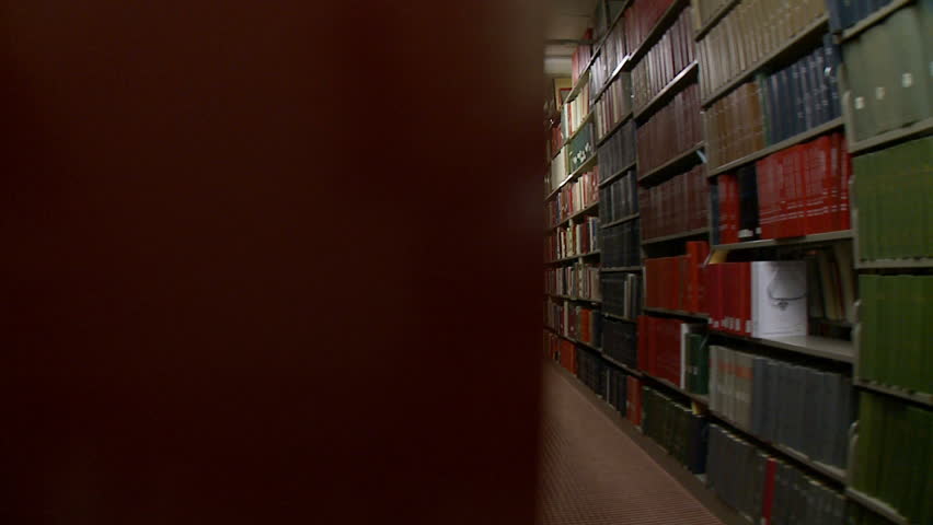 Tracking past library shelves in a seamless, endless slow motion loop.