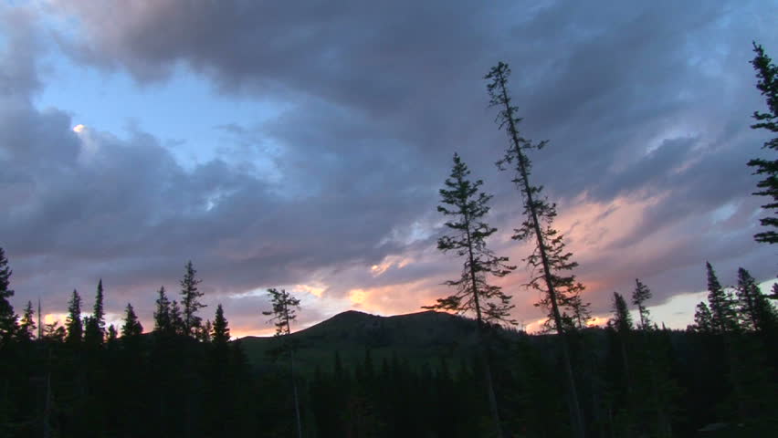 Camera pan on sunset clouds in Montana forest.