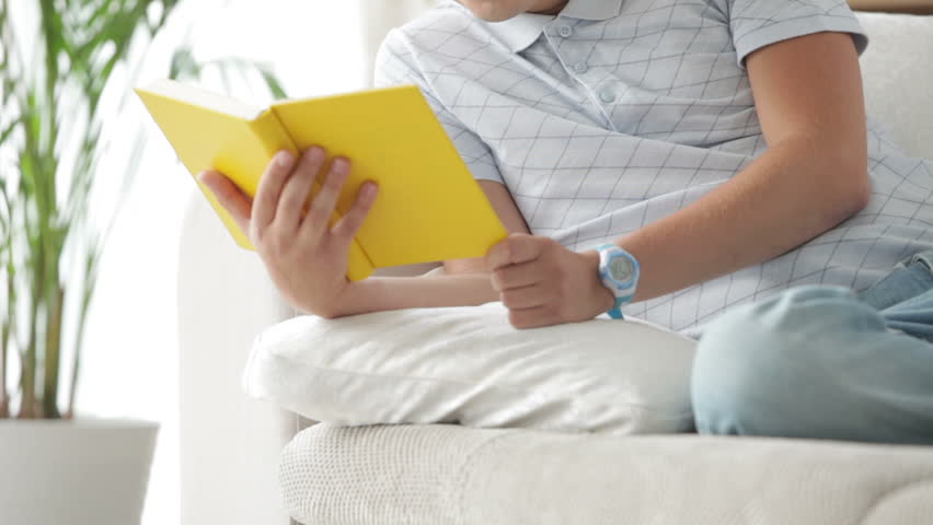 Good-looking guy sitting on sofa with book closing it and smiling at camera
