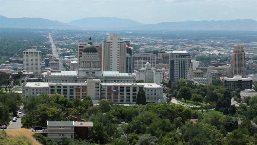 Downtown Salt Lake City Capital Temple Square. Urban center capital building area and famous historic LDS Temple Square. Distant with summer heat shimmer. Metropolitan center. Founded in 1847