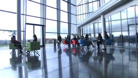 Large multi ethnic business group in relaxed meeting area of a large contemporary corporate building. High quality HD video footage