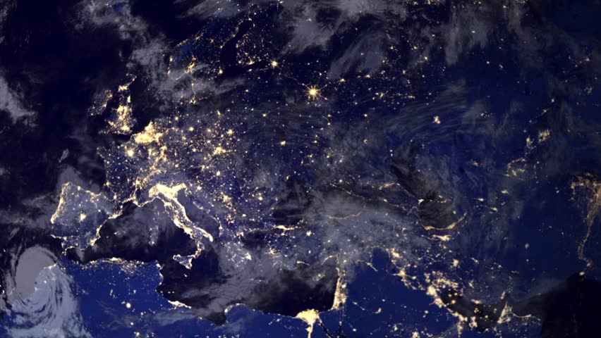 Telecommunication satellite over earth, Europe night space view.. Cinema quality