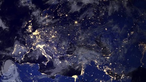 Telecommunication satellite over earth, Europe night space view.. Cinema quality animation. Focus changes from earth to satellite. Telecommunication satellite orbiting the Earth. NASA PD image used.