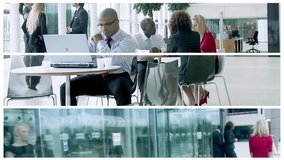 Large montage of multi ethnic business team in a bright modern setting. High quality HD video footage