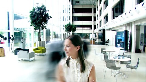 Time lapse with business people rushing by as one staff member takes time out from the rush. High quality HD video footage
