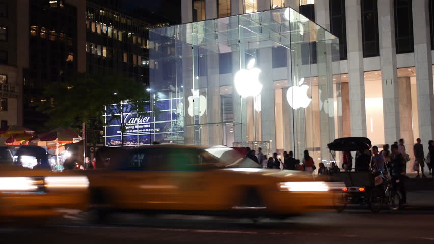 NEW YORK CITY, Circa August, 2013 - An exterior night view of the Apple store in