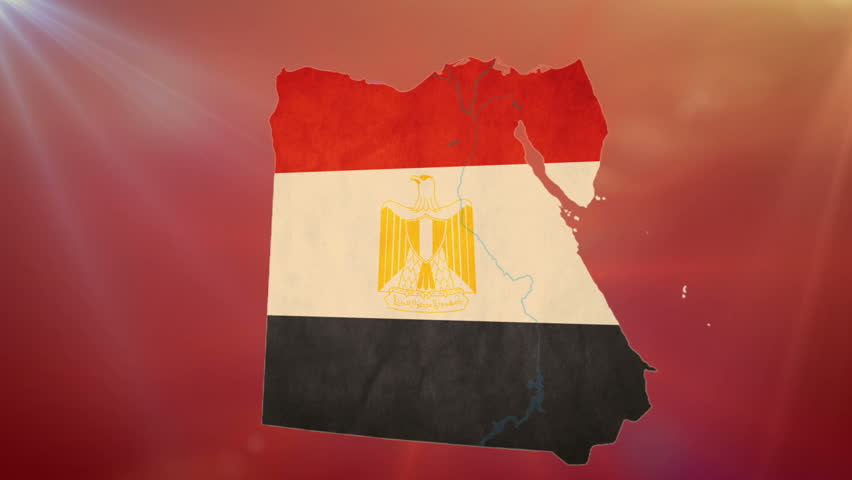 War in Egypt, Egyptian map with flag, street crowd on main city square shouting
