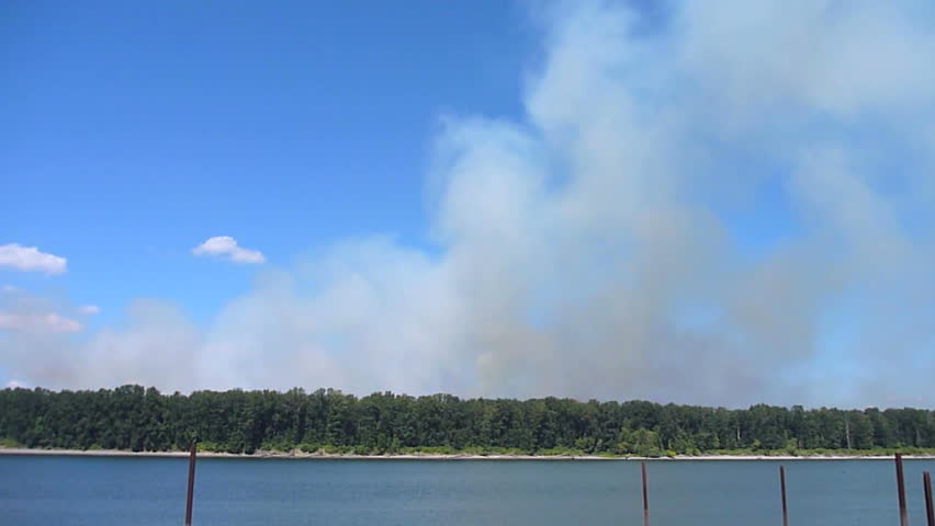 Forest fire burns wild on Government Island in Oregon on windy, summer day.