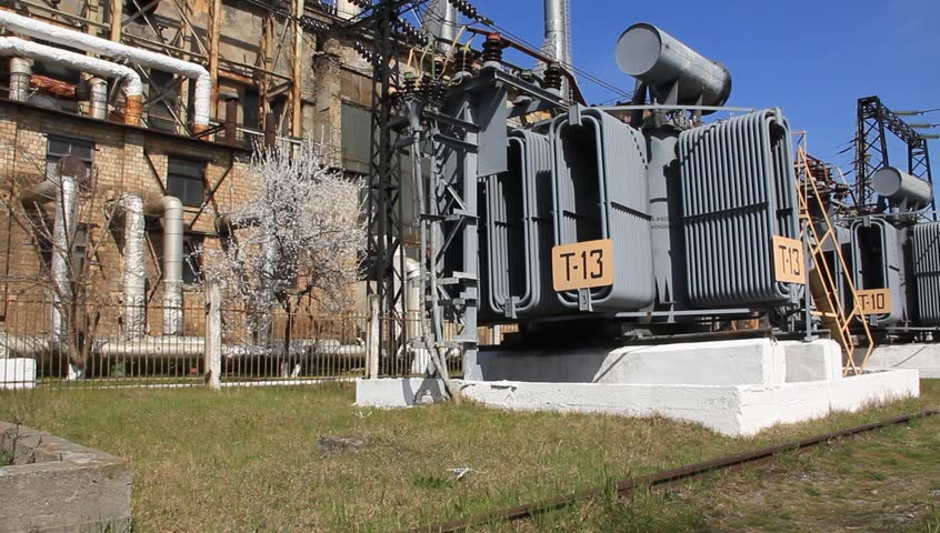 Heat electropower station with big transformers on outdoor switchgear