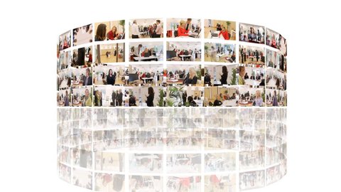 Business media wall montage. A mass of HD screens form a wall, showing a variety of business clips. High quality HD video footage