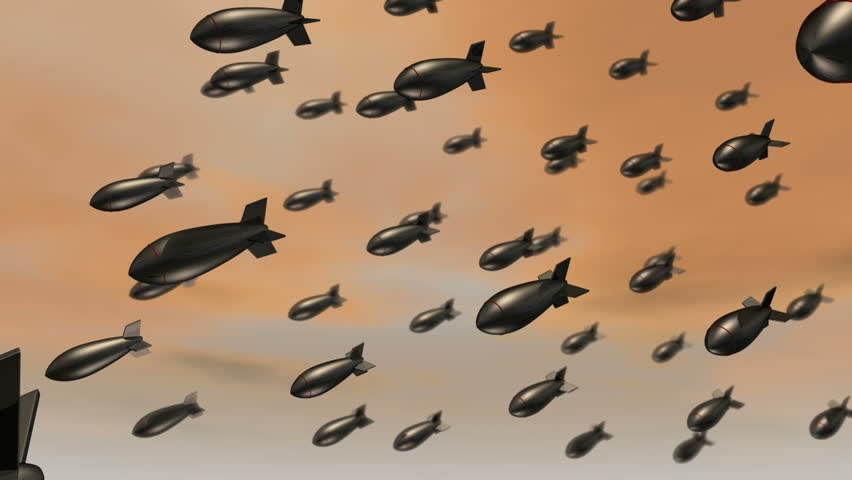 A bunch of retro metal bombs falling across an orange sky