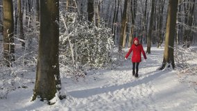 Little Red Riding Hood - Young girl in red coat stands out against a snowy white forest landscape. High quality HD video footage