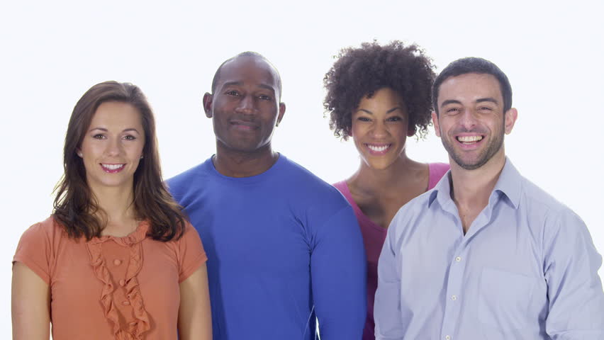 Line of young business people in casual dress on a white background.
