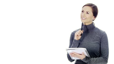 Woman taking notes on white background