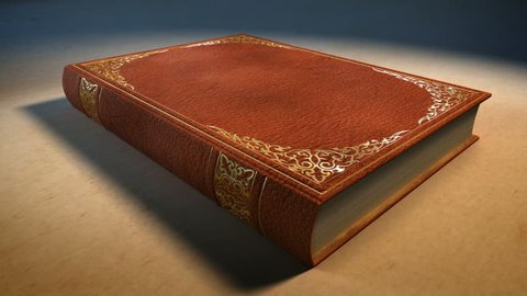 Book with Leather Cover and Ornaments Lying On A Wooden Table.
Book opening 3 D. animation. Includes Mate for Transition, Trackers to fit Your Text or Image.
