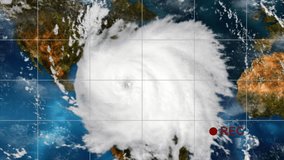 Dramatic hurricane satellite video recording, showing the storm poised to strike above the earth. High quality HD video footage