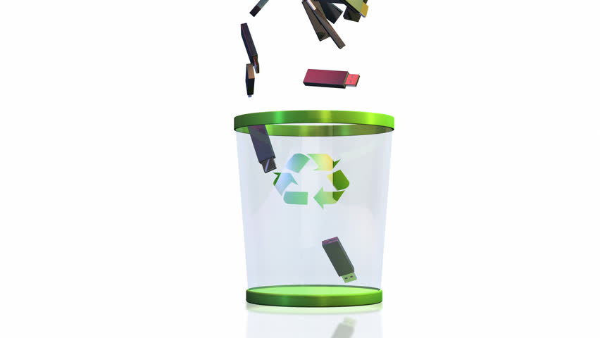 Recycle, USB falling into a Garbage Bin against white