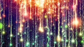 Abstract motion background, shining lights, energy waves and sparkling fireworks style particles, seamless loop able.
