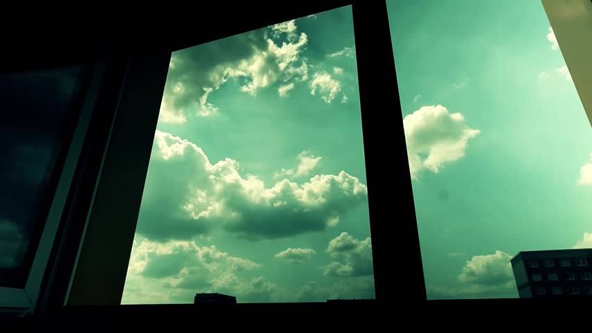 Clouds in sky, view open window, timelapse