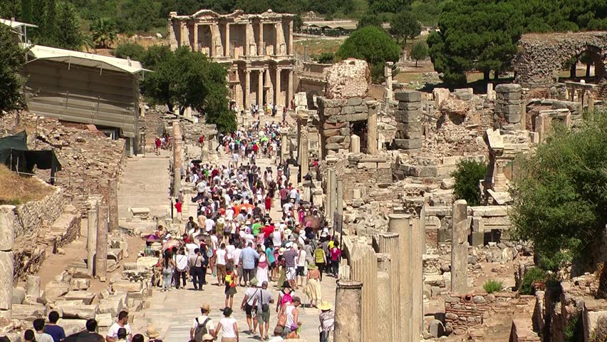 EPHESUS, TURKEY - AUGUST 15: Tourists visiting Ephesus (Efes), an ancient Greek