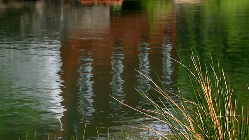 Reflection of Red coloured very old Historical industrial wooden building of sawmill over the water surface of the pond which provide water power for operating the mill.