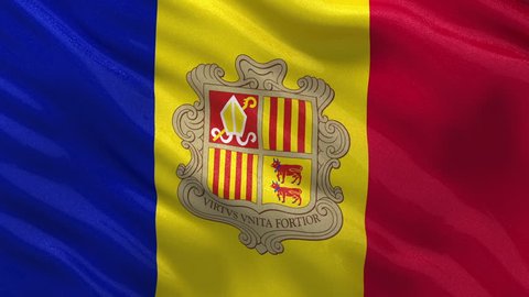 Seamless loop of the Andorran flag waving gently waving in the wind. High quality, glossy fabric material.