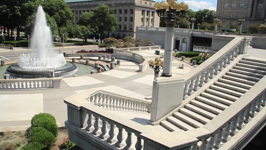 A woman walks down the steps at the capitol building in Harrisburg, Pennsylvania.