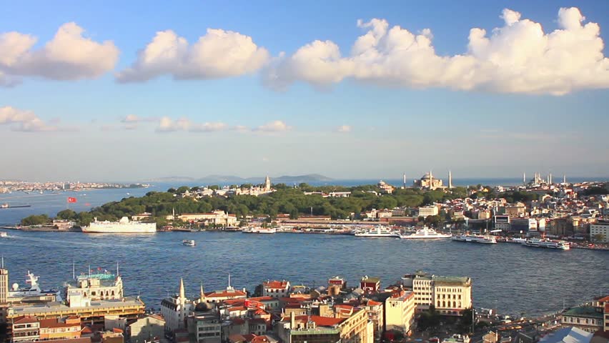 Panoramic view from Galata Tower in Istanbul. Looking over Golden Horn to old