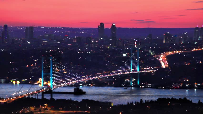Bridge traffic at sunset in Istanbul, Turkey. 
