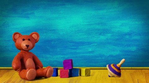 Children's room with bear, cubes and peg-top 2. Stop motion