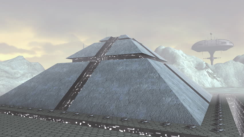 Spaceship take off from futuristic pyramid