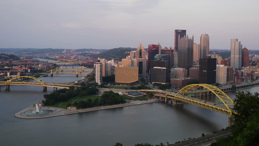 A dramatic day to night time lapse of the Pittsburgh skyline as seen from atop