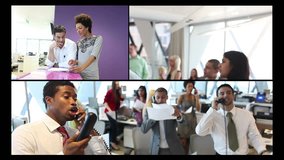 Montage of confident and successful young business team working in a modern high rise office 