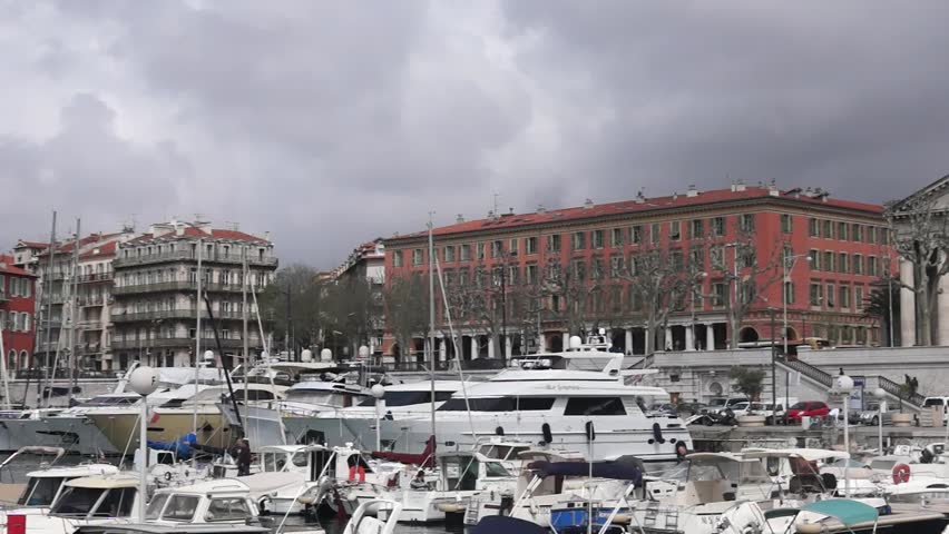 Buildings and boats within a Port de Nice. City of Nice, France.