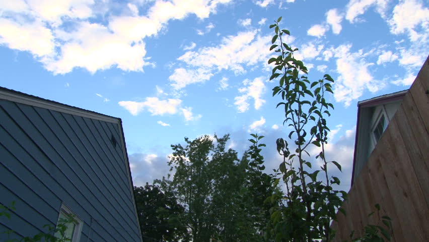 Time lapse of early morning clouds moving over neighborhood houses.