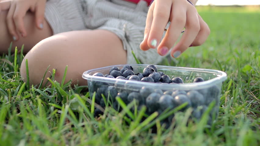 Slow Motion Shot Of A Little Girl's Hand Picking Up A Blueberry