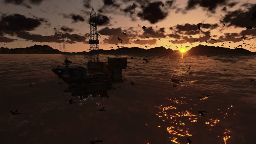 Oil Rig in water, flock of seagulls flying, time lapse sunrise