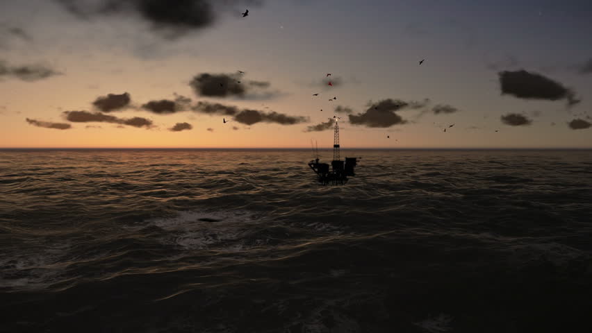 Oil Rig, flight across ocean, timelapse sunrise
