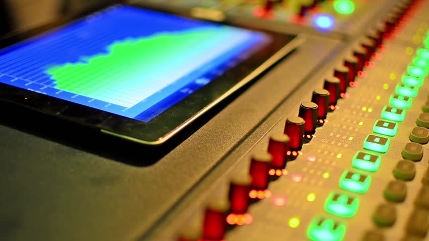 Music studio audio mixer. Digital display Club Zone - Sound Waves. Dark night