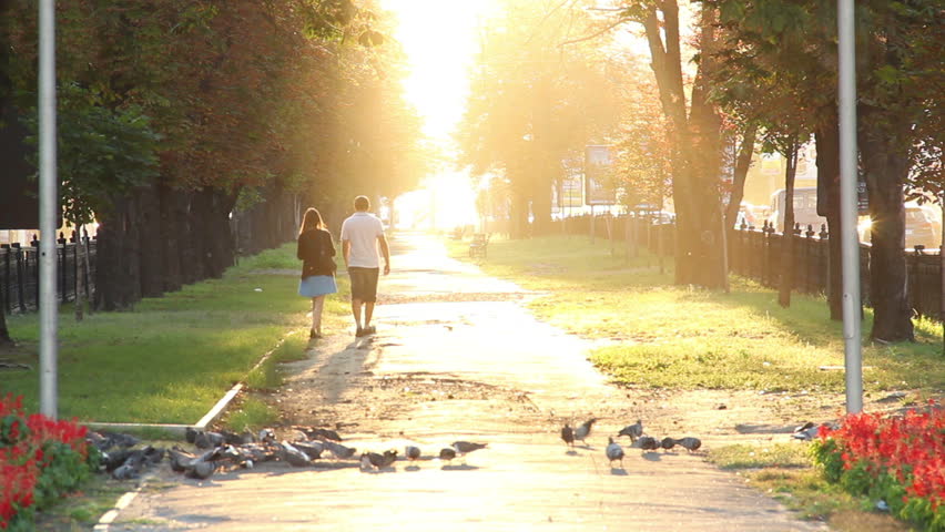 Man and woman in park walking away to heaven, sun rays, birds